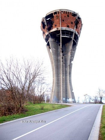 Inside heavily damaged water tower in Vukovar