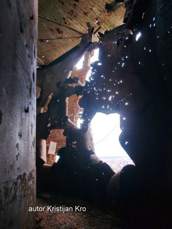 Inside heavily damaged water tower in Vukovar